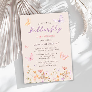 Pink Butterfly Wildflower Girl First Birthday Invitation