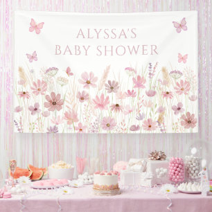 Pink Butterfly Wildflowers Baby Shower Banner