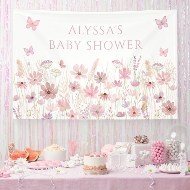 Pink Butterfly Wildflowers Baby Shower Banner (Party)
