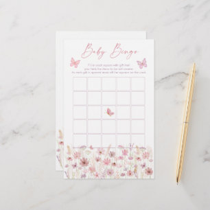 Pink Butterfly Wildflowers Baby Shower Bingo Game