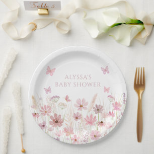 Pink Butterfly Wildflowers Baby Shower Paper Plate