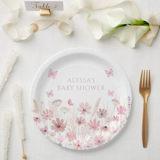 Pink Butterfly Wildflowers Baby Shower Paper Plate (Wedding)