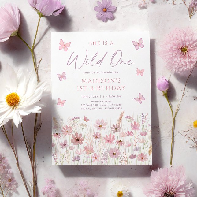 Pink Butterfly Wildflowers First Birthday Invitation (Creator Uploaded)