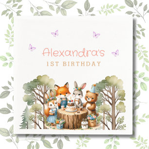 Pink Butterfly Woodland Animals Girl 1st Birthday Napkin