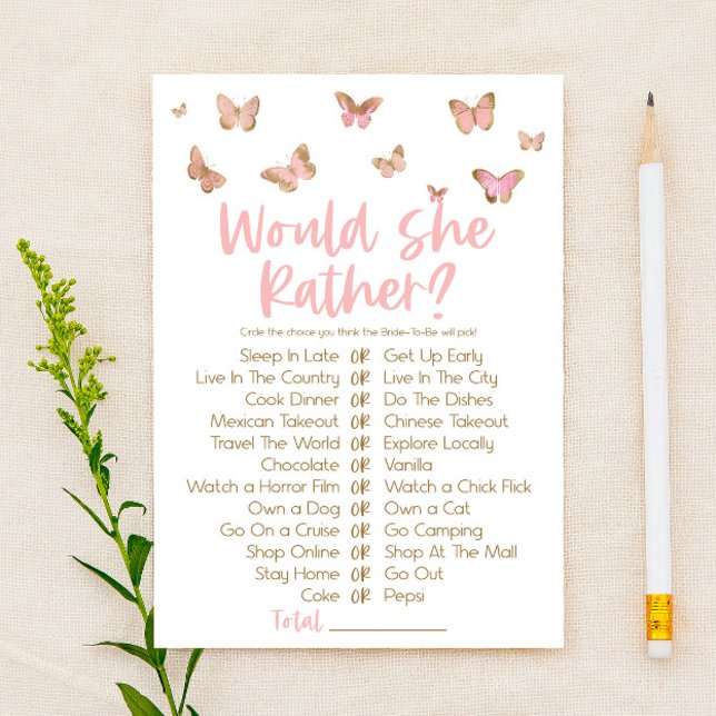Pink Butterfly Would She Rather Bridal Shower Game Stationery (Creator Uploaded)