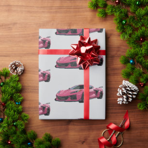 Pink C8 Corvette Sports Car Hand Drawn  Wrapping Paper