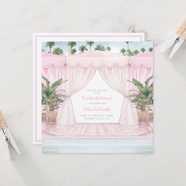 Pink Cabana Bachelorette Weekend + Itinerary Invitation (Front/Back In Situ)