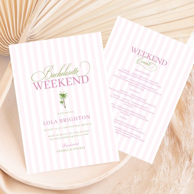 Pink Cabana Stripe Palm Beach Bachelorette Party Invitation (Creator Uploaded)