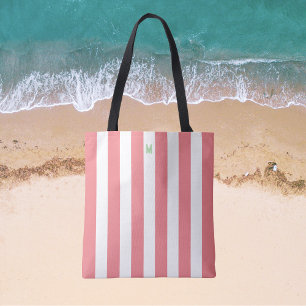 Pink Cabana Stripe & Personalised Green Monogram Tote Bag