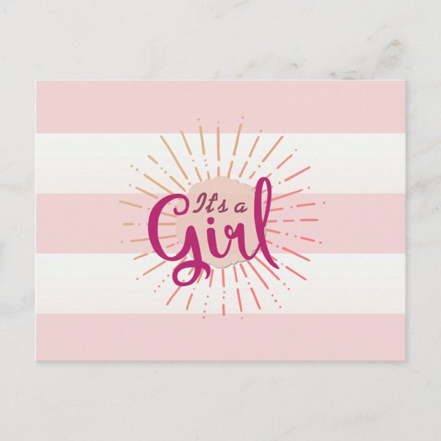 Pink Cabana Striped Baby Announcement Postcard (Front)