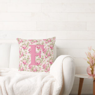 Pink Cabbage Rose Cottagecore Monogram Cushion