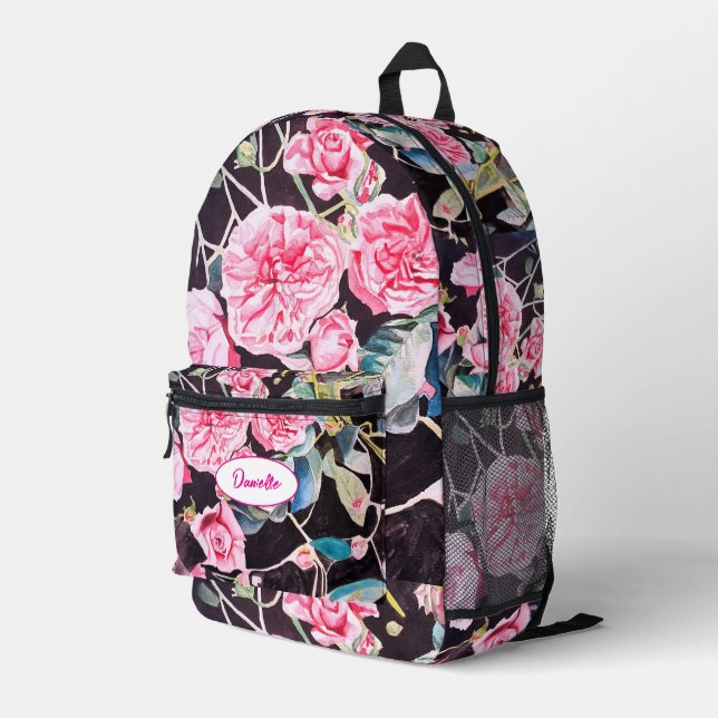Pink Cabbage Rose Flower Pattern Watercolor Girls Printed Backpack (Back Corner Right)