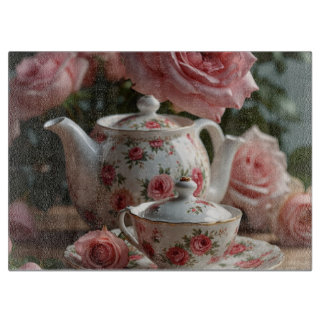 Pink Cabbage Rose Tea Cutting Board