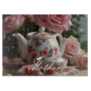 Pink Cabbage Rose Tea Cutting Board