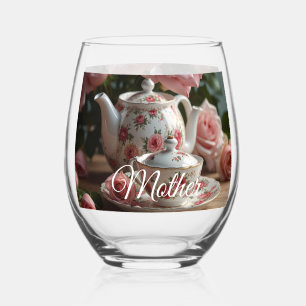 Pink Cabbage Rose Tea Stemless Wine Glass