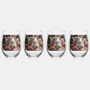 Pink Cabbage Rose Tea Stemless Wine Glass