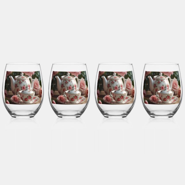 Pink Cabbage Rose Tea Stemless Wine Glass (Front)
