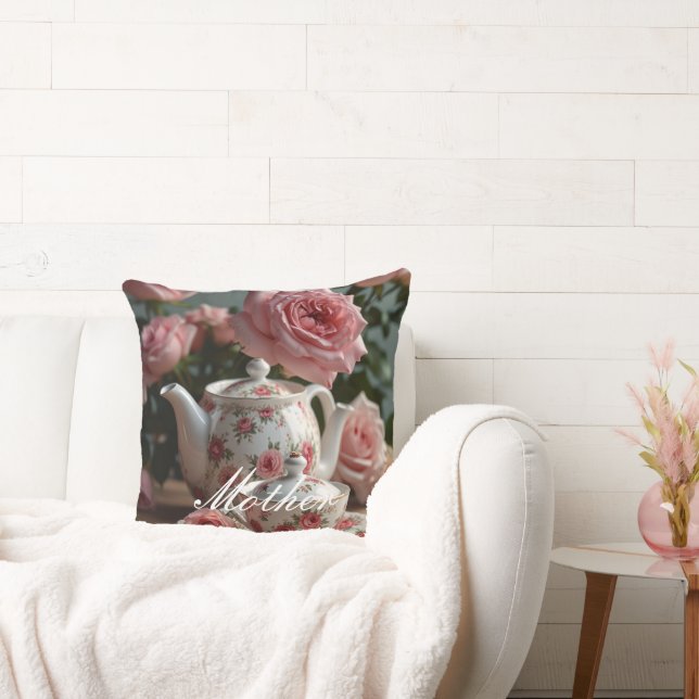 Pink Cabbage Rose Tea Throw Pillow (Couch)