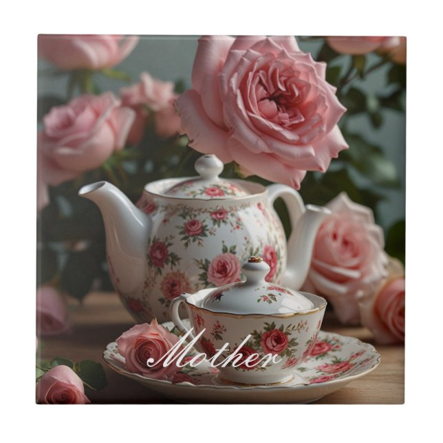Pink Cabbage Rose Tea  Tile (Front)