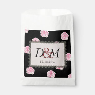 Pink Cabbage Roses and Black Lace Wedding Favour Bags