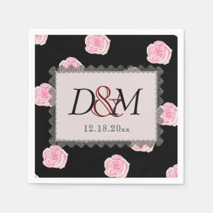 Pink Cabbage Roses and Black Lace Wedding Napkin