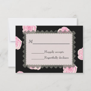Pink Cabbage Roses and Black Lace Wedding RSVP Card