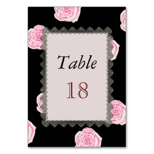 Pink Cabbage Roses and Black Lace Wedding Table Number