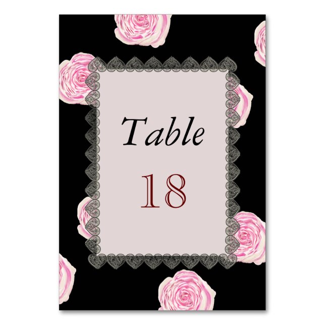 Pink Cabbage Roses and Black Lace Wedding Table Number (Front)