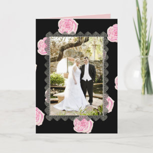 Pink Cabbage Roses and Black Lace Wedding Thank You Card
