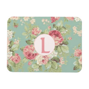 Pink Cabbage roses on aqua Magnet