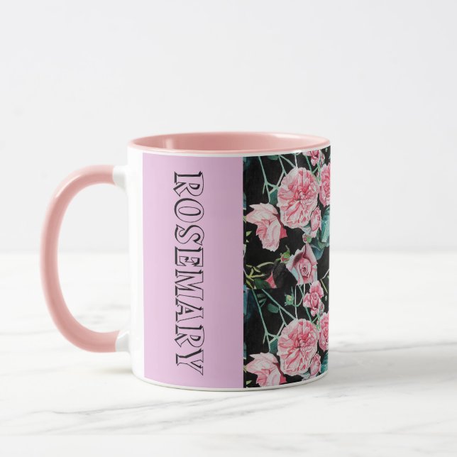 Pink Cabbage Roses Rose Watercolor floral Mug (Left)