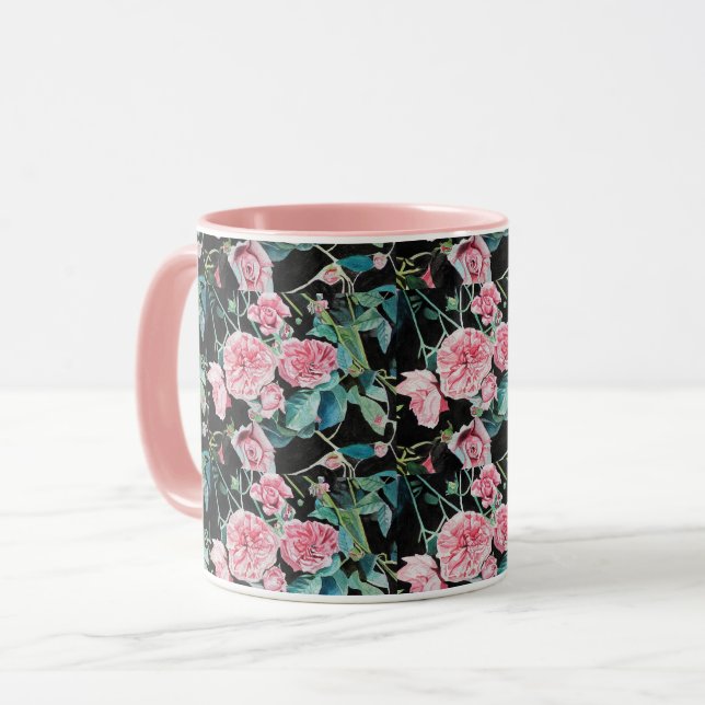 Pink Cabbage Roses Rose Watercolor floral  Mug (Front Left)