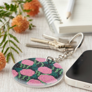Pink Cabbage Roses Stone Key Ring