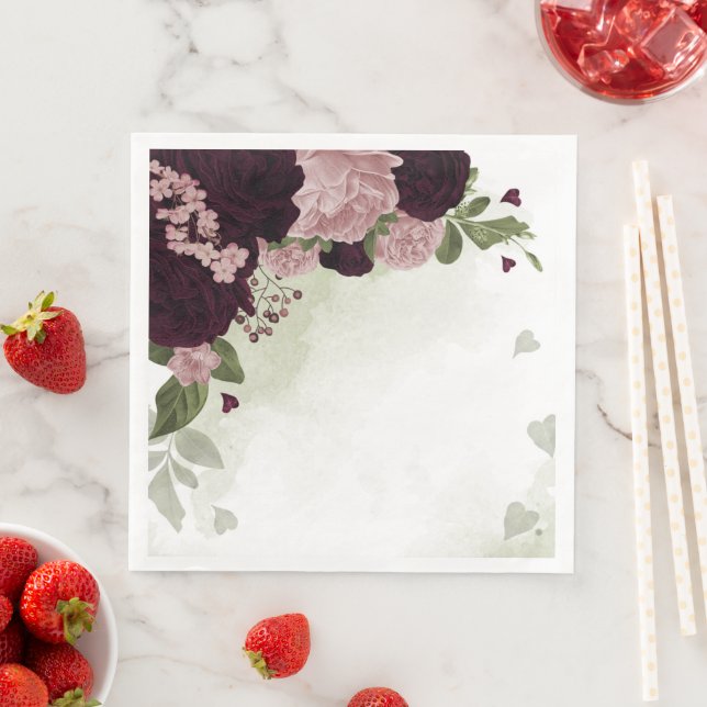 pink & cabernet flowers greenery napkin (Insitu)