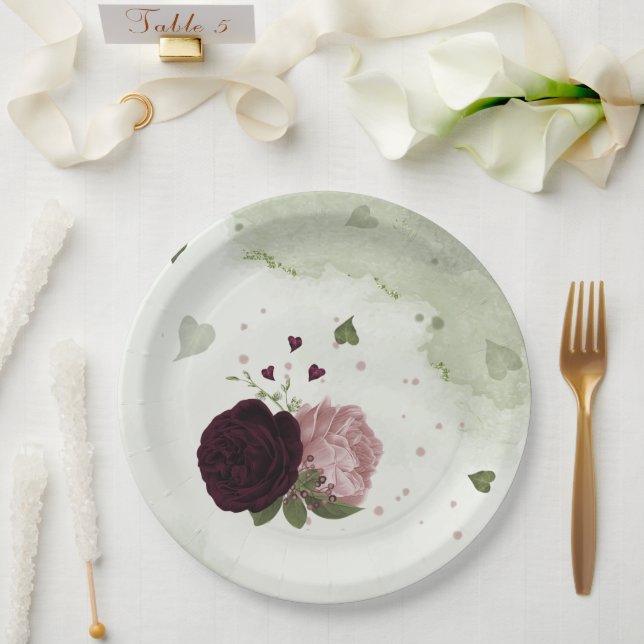 pink & cabernet flowers greenery paper plate (Wedding)