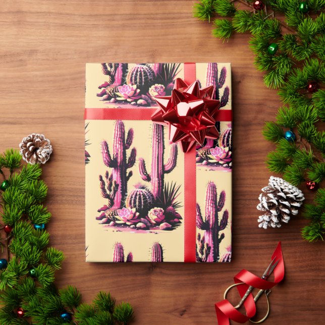 Pink Cacti Batch-Tan Background Wrapping Paper (Holiday Gift)