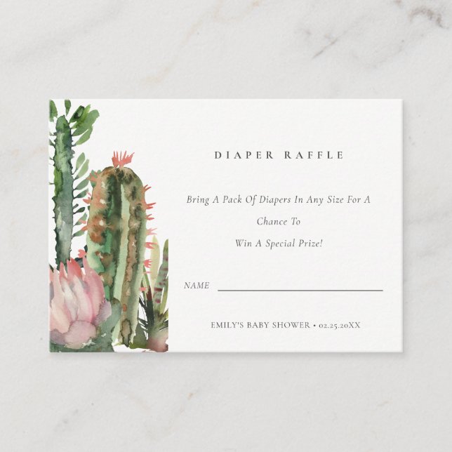 Pink Cacti Foliage Diaper Raffle Baby Shower Enclosure Card (Front)