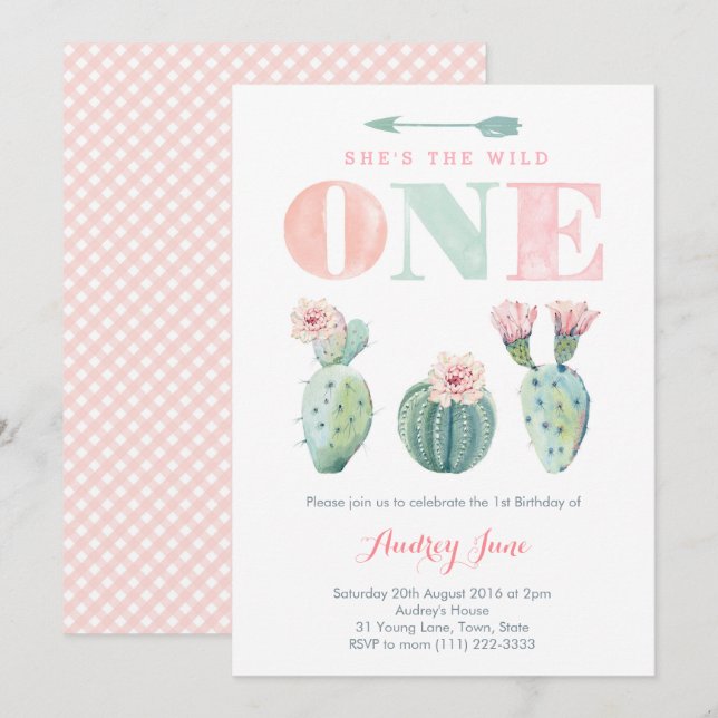 Pink Cacti Girl 1st Birthday invitations, Desert Invitation (Front/Back)