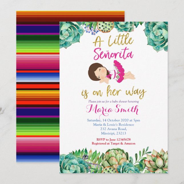 Pink Cactus Fiesta Baby Senorita Baby Shower Invitation (Front/Back)