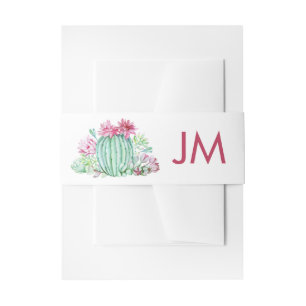 Pink Cactus Flowers Succulents Wedding Monogram Invitation Belly Band
