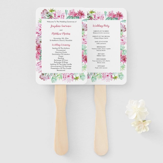 Pink Cactus Flowers Succulents Wedding Program Hand Fan (Front and Back)