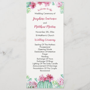 Pink Cactus Flowers Succulents Wedding Program Programme