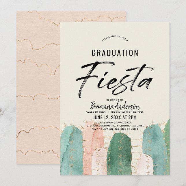 Pink Cactus Graduation Fiesta Invitation (Front/Back)