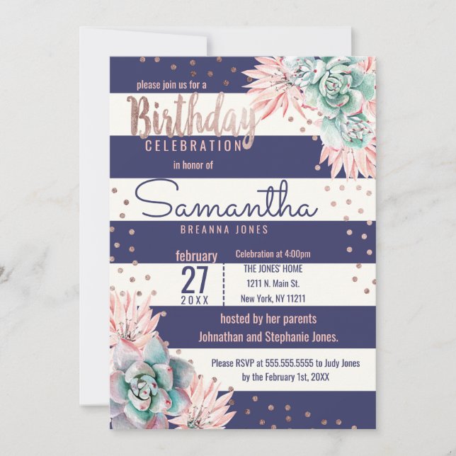 Pink Cactus Navy Stripes Rose Gold Birthday Party Invitation (Front)