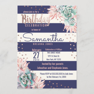 Pink Cactus Navy Stripes Rose Gold Birthday Party Invitation