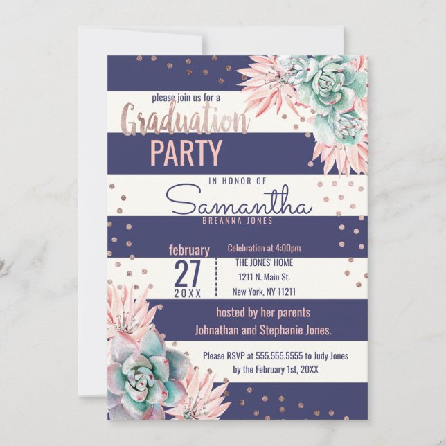 Pink Cactus Navy Stripes Rose Gold Graduation Invitation (Front)
