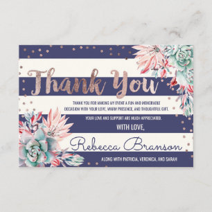Pink Cactus Navy Stripes Rose Gold Thank You Card