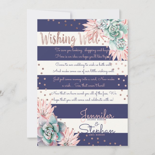 Pink Cactus Navy Stripes Rose Gold Wishing Well Invitation (Front)