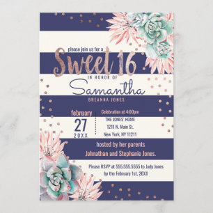 Pink Cactus Navy Stripes Rose Sweet 16 Invitations