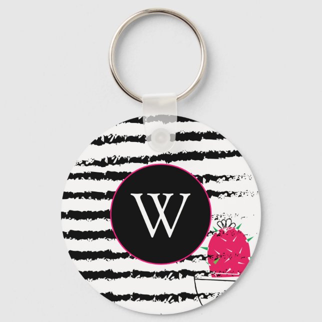 Pink Cactus pattern Monogram Key Ring (Front)